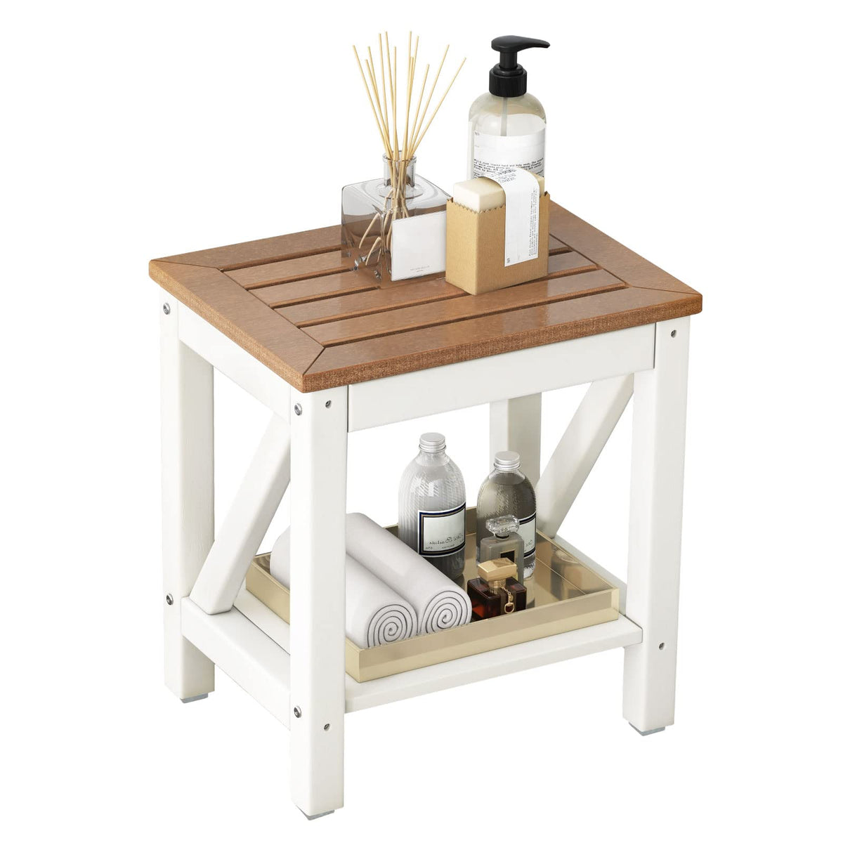 Waterproof Bathroom Shower Stool w/Bottom Storage Shelf & Non-Slip Foot Pads for Bath Spa & Shaving Legs