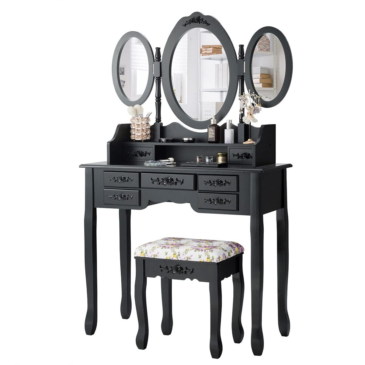 Giantex Folding Vanity Table Set with Mirrors, Elegant Makeup Table & Cushioned Stool Set w/ 7 Drawers and Open Shelf