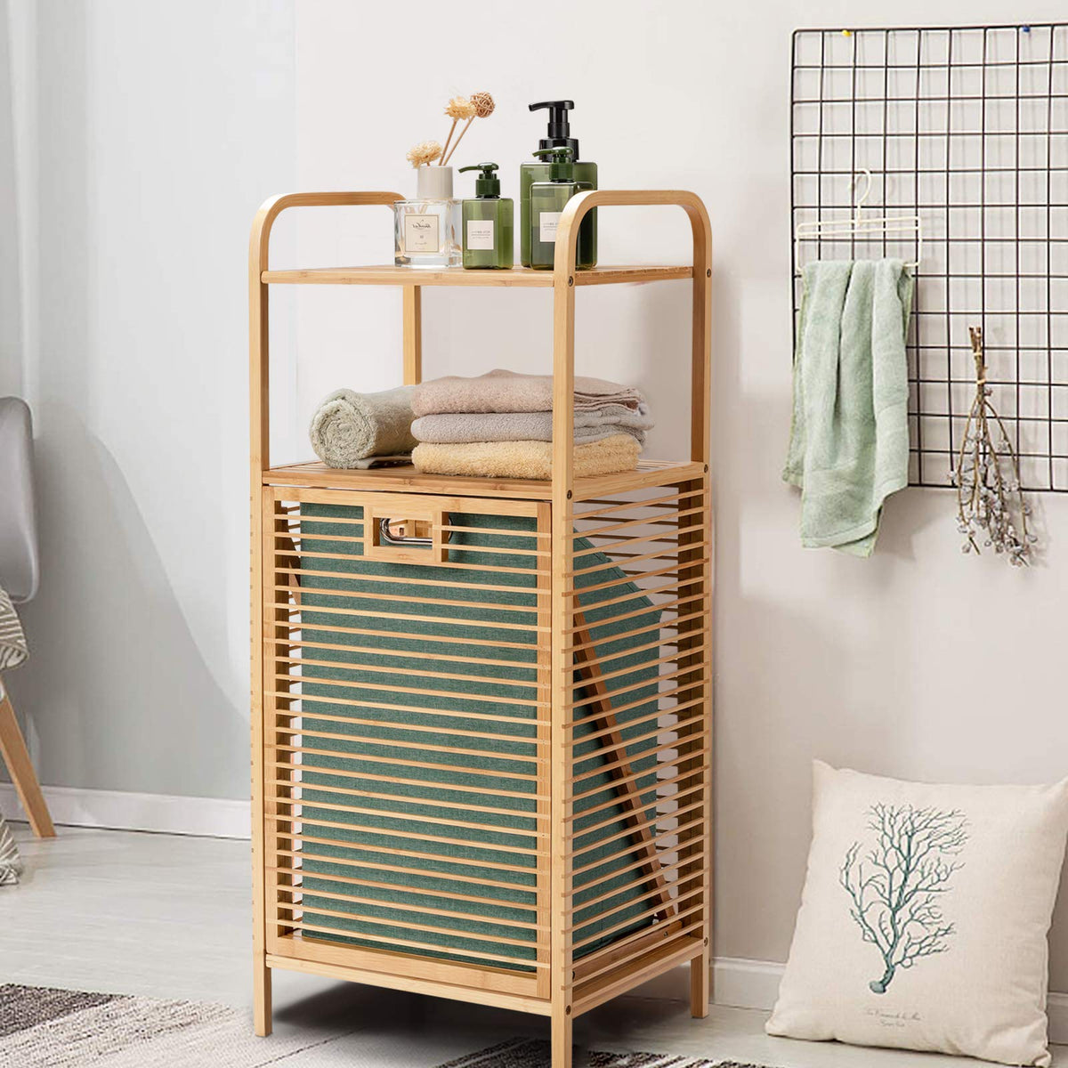 Bathroom Shelf w/Laundry Basket, Bathroom Shelf Made of Bamboo, Bathroom Cabinet w/ 2 Shelves for Bathroom Accessories