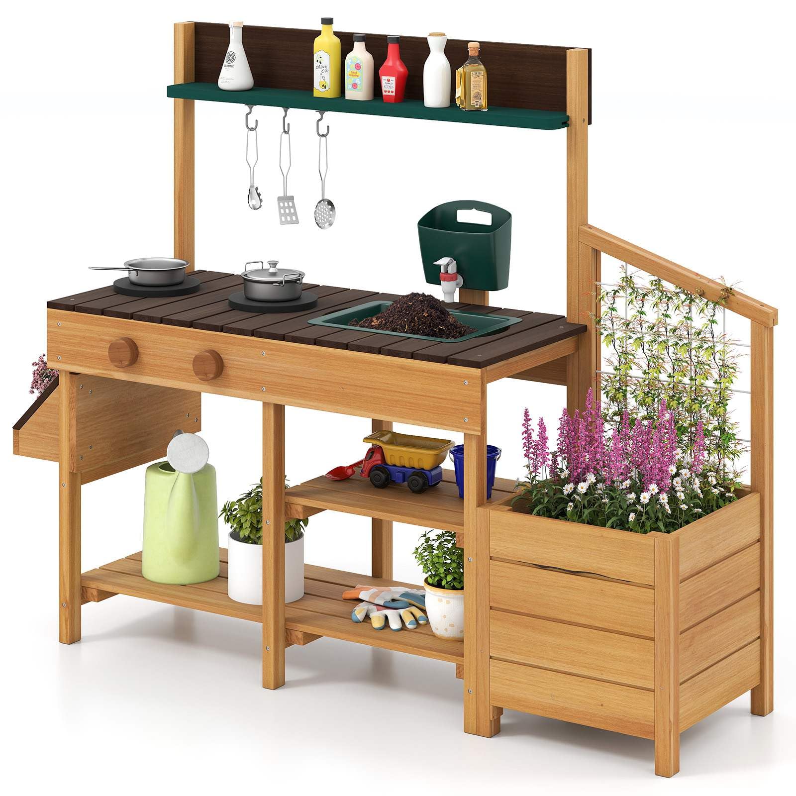 Outdoor Play Kitchen for Kids Wooden Toy Kitchen Playset with Removable Faucet