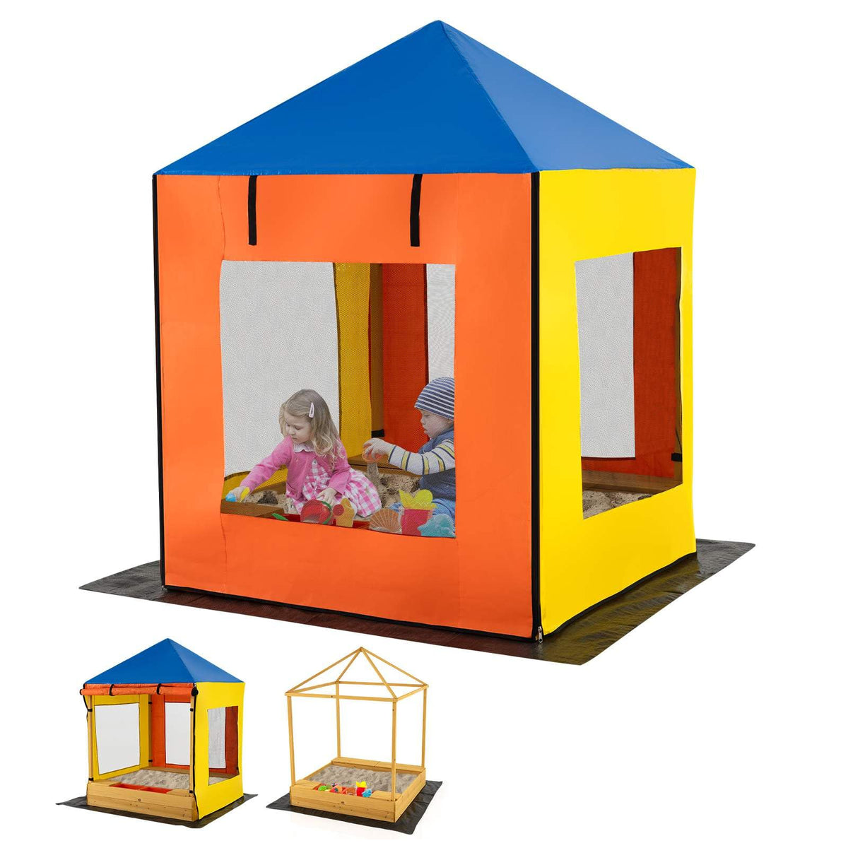 Kids Wooden Sandbox with Canopy, Outdoor Large Fir Wood Playhouse w/Bottom Liner