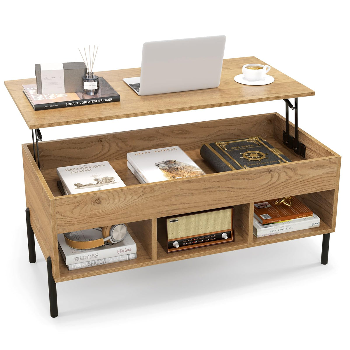 Lift Top Coffee Table, Coffee Station Table with Hidden Compartment, Rising Tabletop, 3 Open Cubbies
