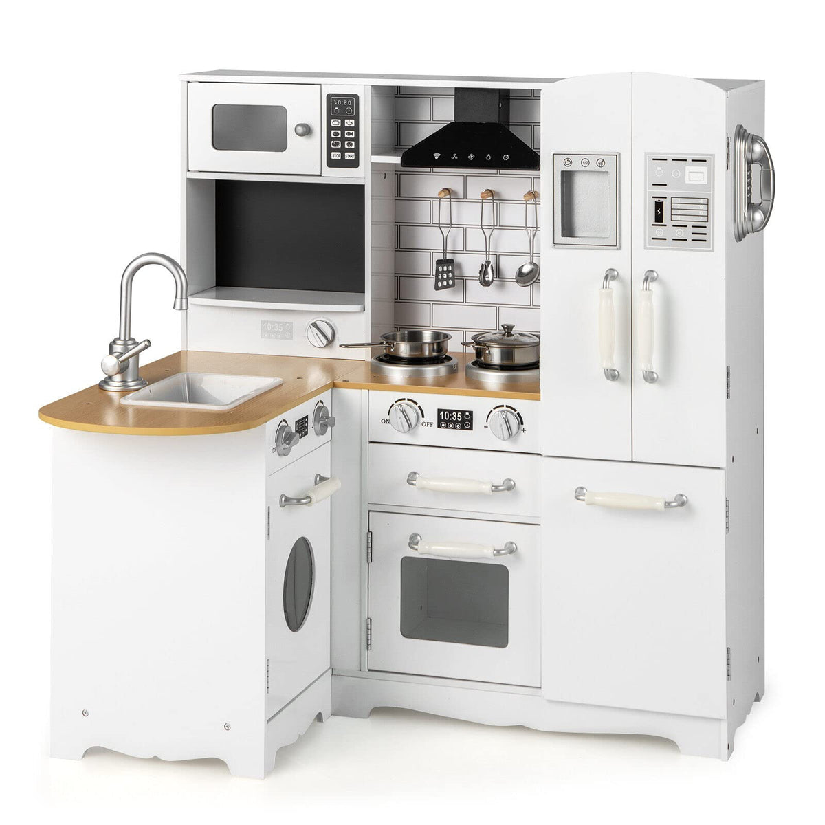 HONEY JOY Kids Corner Kitchen Playset, Wooden Pretend Playset w/Realistic Washing Machine, Microwave Oven