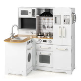 HONEY JOY Kids Corner Kitchen Playset, Wooden Pretend Playset w/Realistic Washing Machine, Microwave Oven