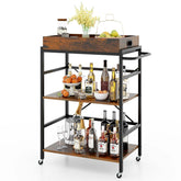3-Tier Bar Cart, Industrial Serving Cart with Detachable Tray, 4 Lockable Casters & 1 Handy Handle