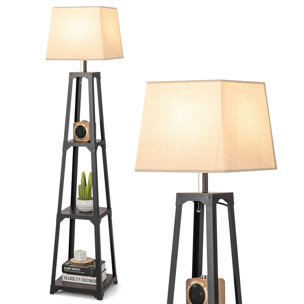 Shelf Floor Lamp, Display Floor Lamp with Shelves and Linen Lampshade