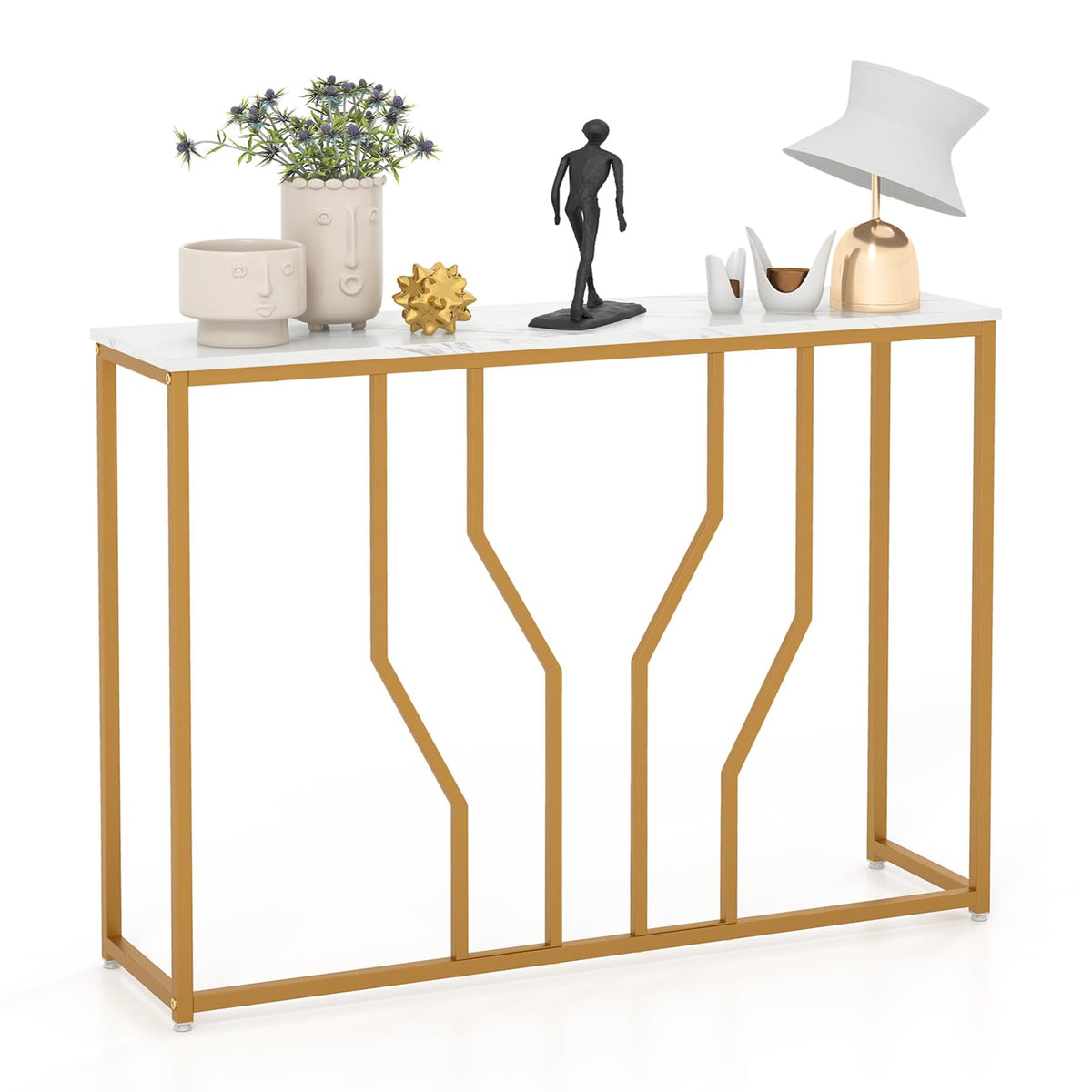 Giantex Gold Console Table, 110 cm Modern White Entryway Table with Faux Marble Tabletop