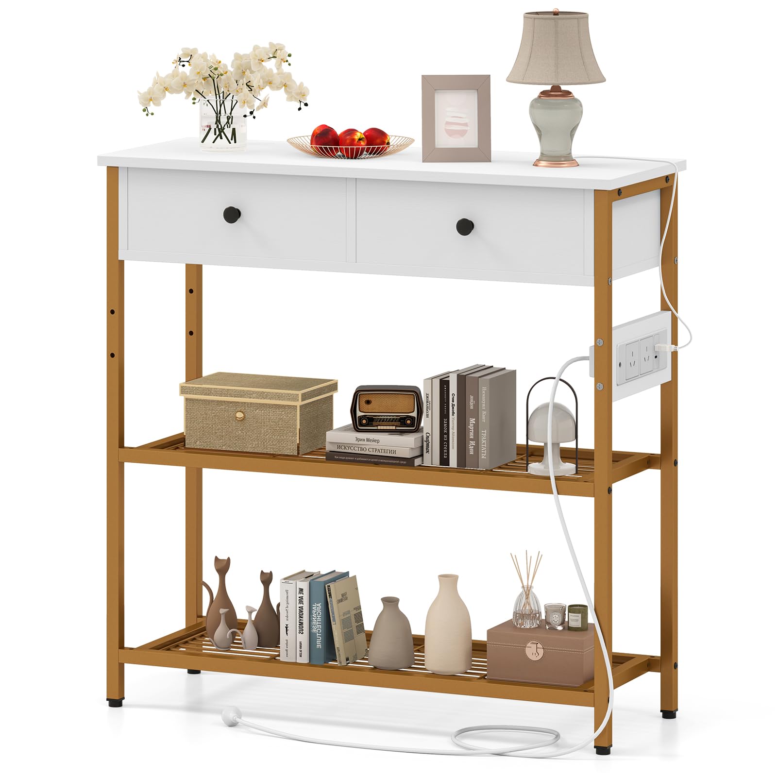 Giantex Entryway Table with Charging Station, Narrow Console Table with 2 Drawers & 2 Metal Mesh Shelves