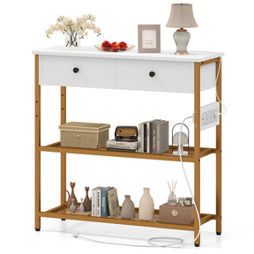Giantex Entryway Table with Charging Station, Narrow Console Table with 2 Drawers & 2 Metal Mesh Shelves