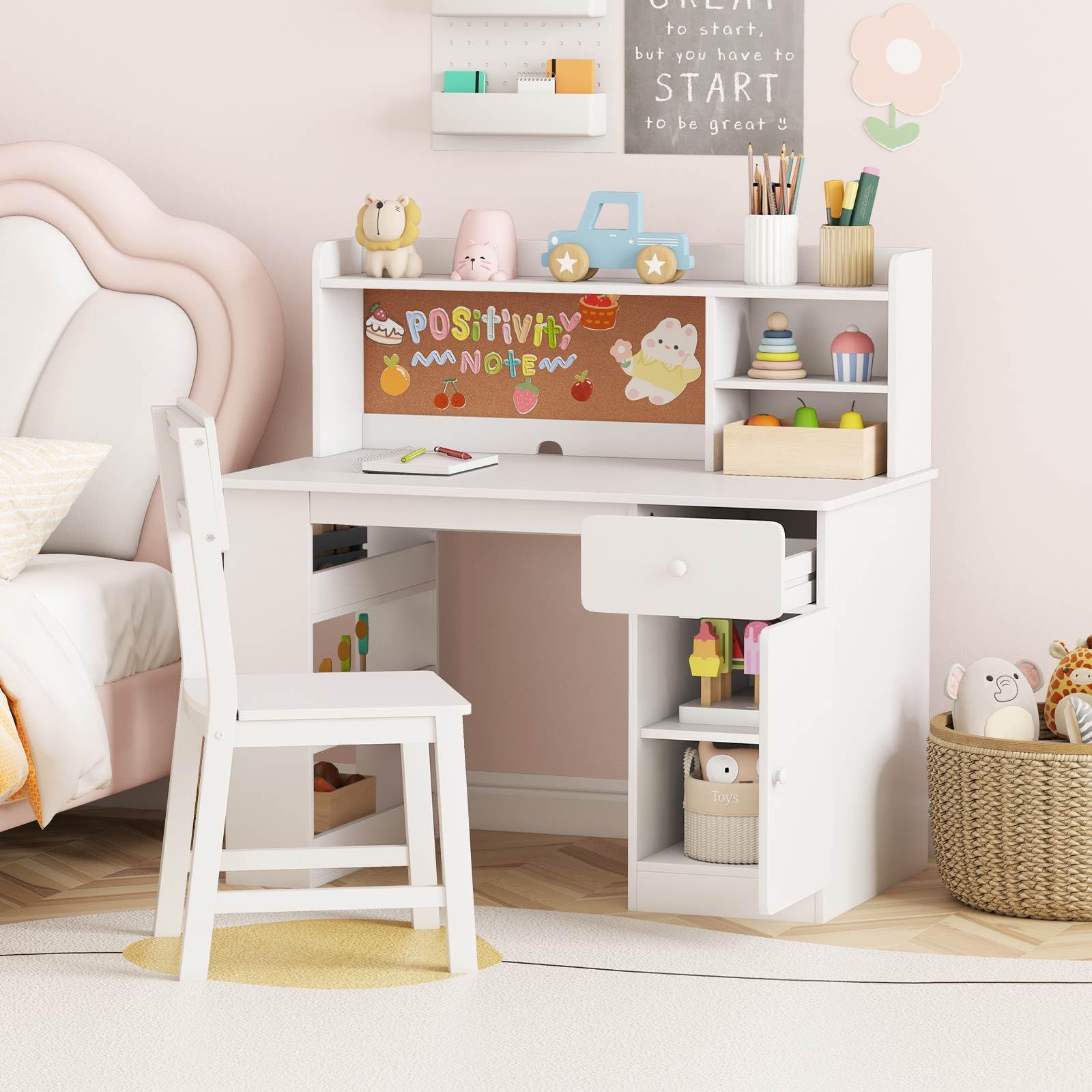 Kids Desk and Chair Set, Children Study Desk with Chair, Hutch & 3-Layer Side Shelf