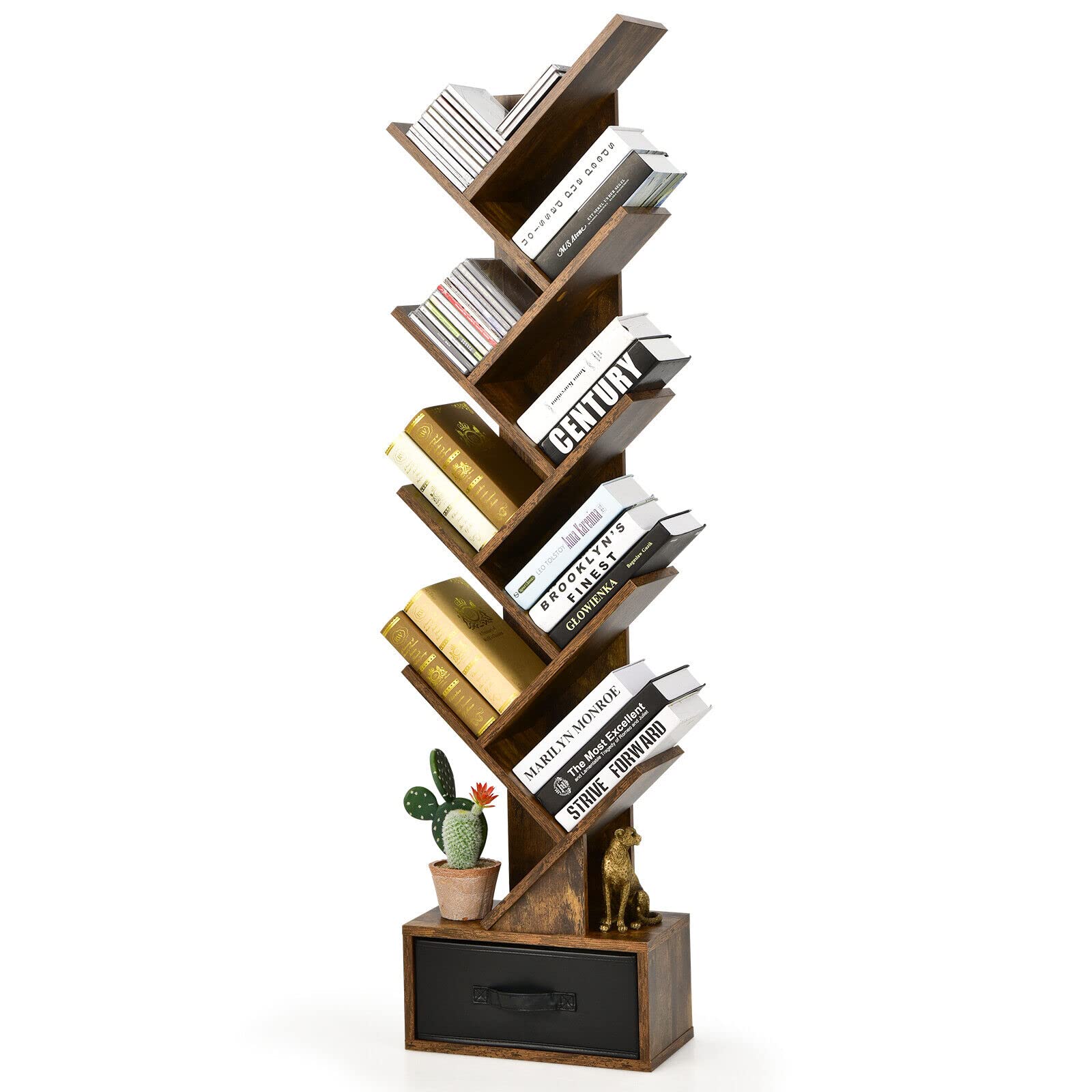 Giantex 10-Tier Tree Bookcase, Floor Standing Bookshelf w/Drawer for CDs/Movies/Books