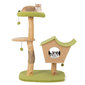 110 CM Cat Tree, Solid Wood Cat Tower with Padded Top Perch