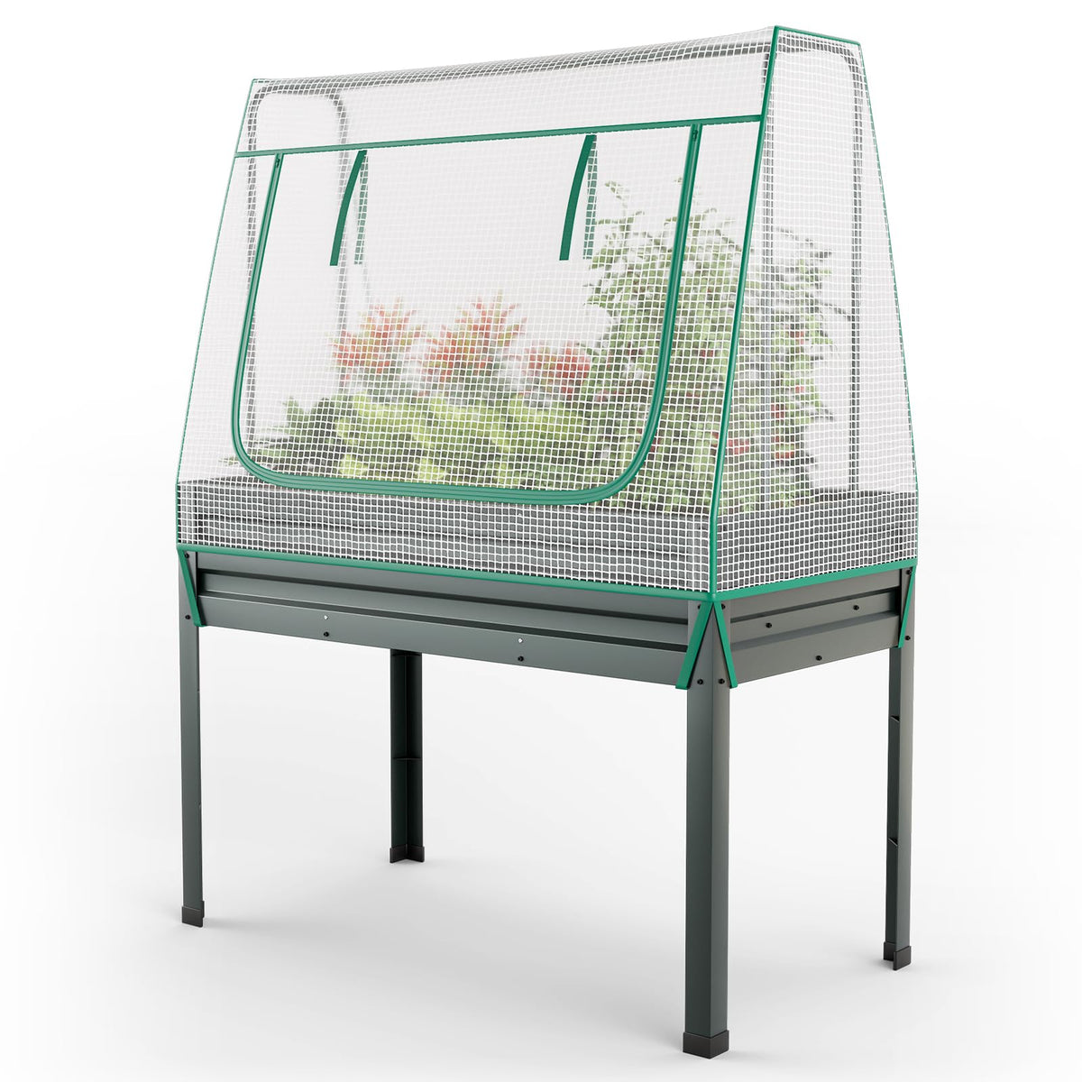 3-in-1 Raised Garden Bed w/Greenhouse Cover & Trellis, Galvanized Metal Elevated Planter Box w/Legs