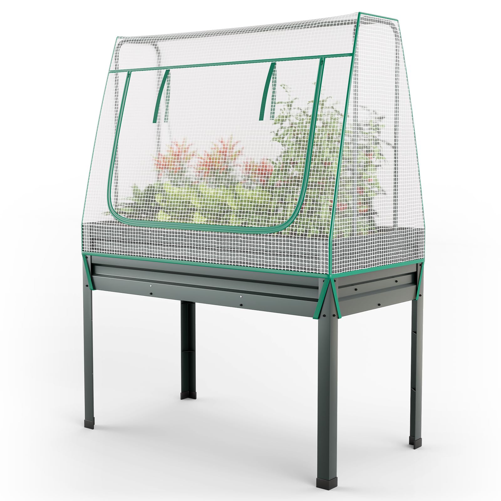 3-in-1 Raised Garden Bed w/Greenhouse Cover & Trellis, Galvanized Metal Elevated Planter Box w/Legs