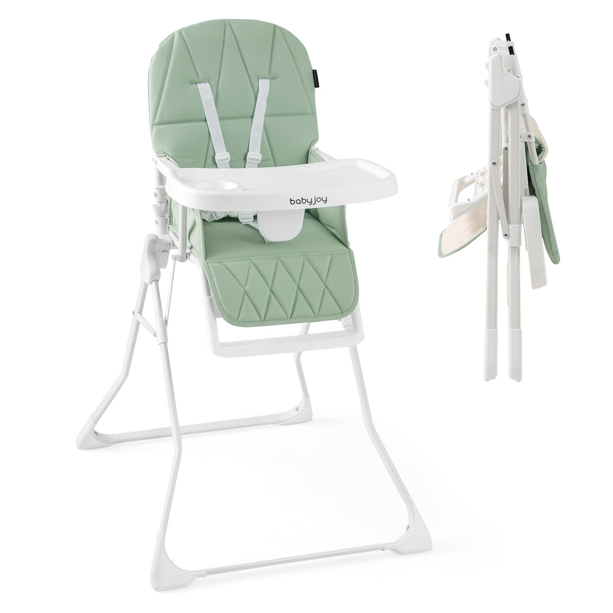 Foldable High Chair, Easy Clean Compact Highchair with Removable Adjustable Tray and PU Seat Cushion, 5-Point Safety Belt for Babies