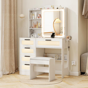 Makeup Vanity Desk w/Mirror & Lights, Dressing Table and Stool Set w/Charging Station