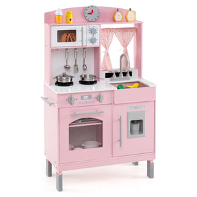 Wooden Play Kitchen for Kids with 3 Adjustable Heights and Stoves and Ice Maker