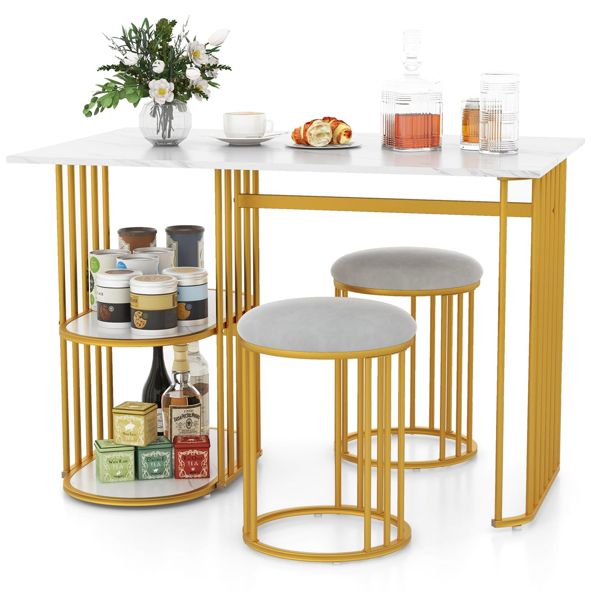 3PCS Dining Table Set Rectangular Dining Table & 2 Stools Kitchen Furniture