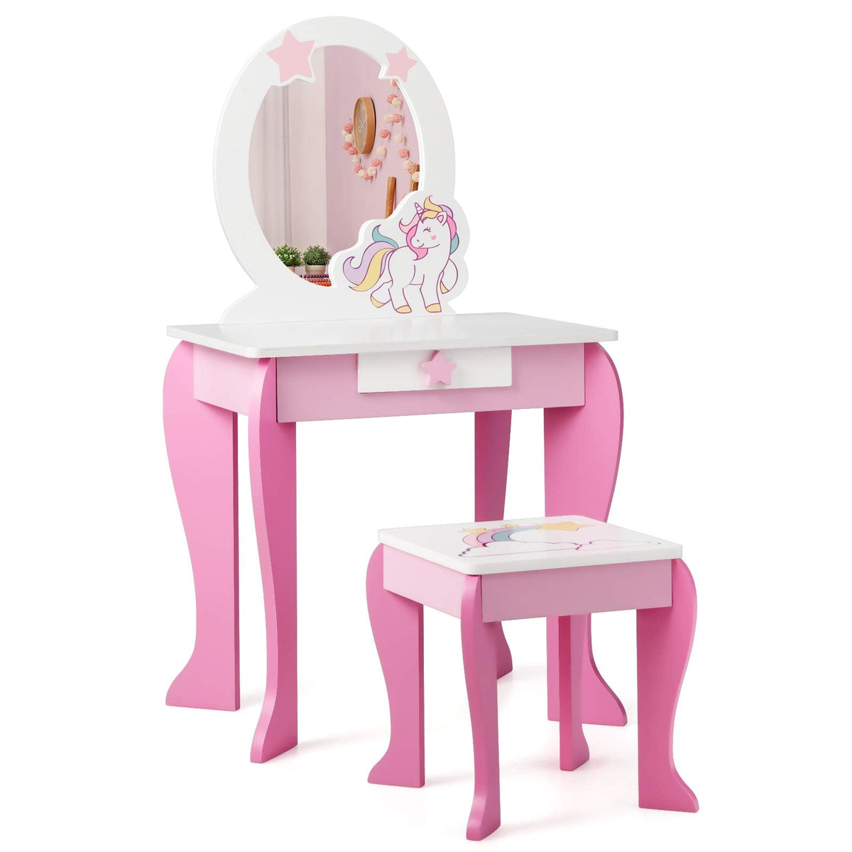 Kids Vanity Table and Chair Set with Mirror and Stool TOP 50 Bonus Trinkets Set