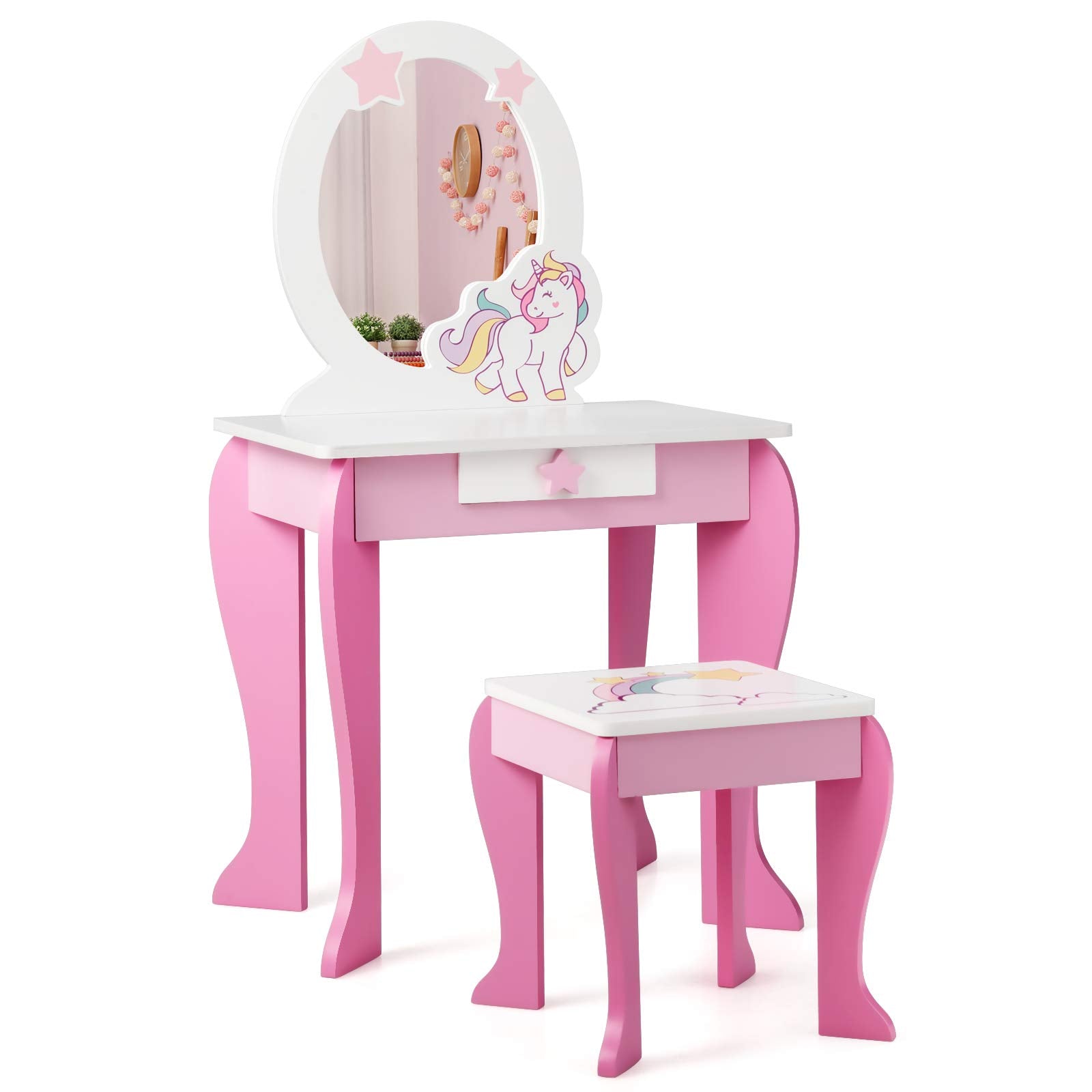 Kids Vanity Table and Chair Set with Mirror and Stool TOP 50 Bonus Trinkets Set