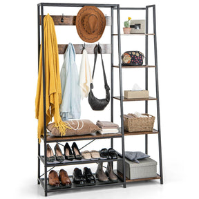 Hall Tree with Storage Bench with 9 Hooks 5 Side Shelves and 2 Mesh Shelves