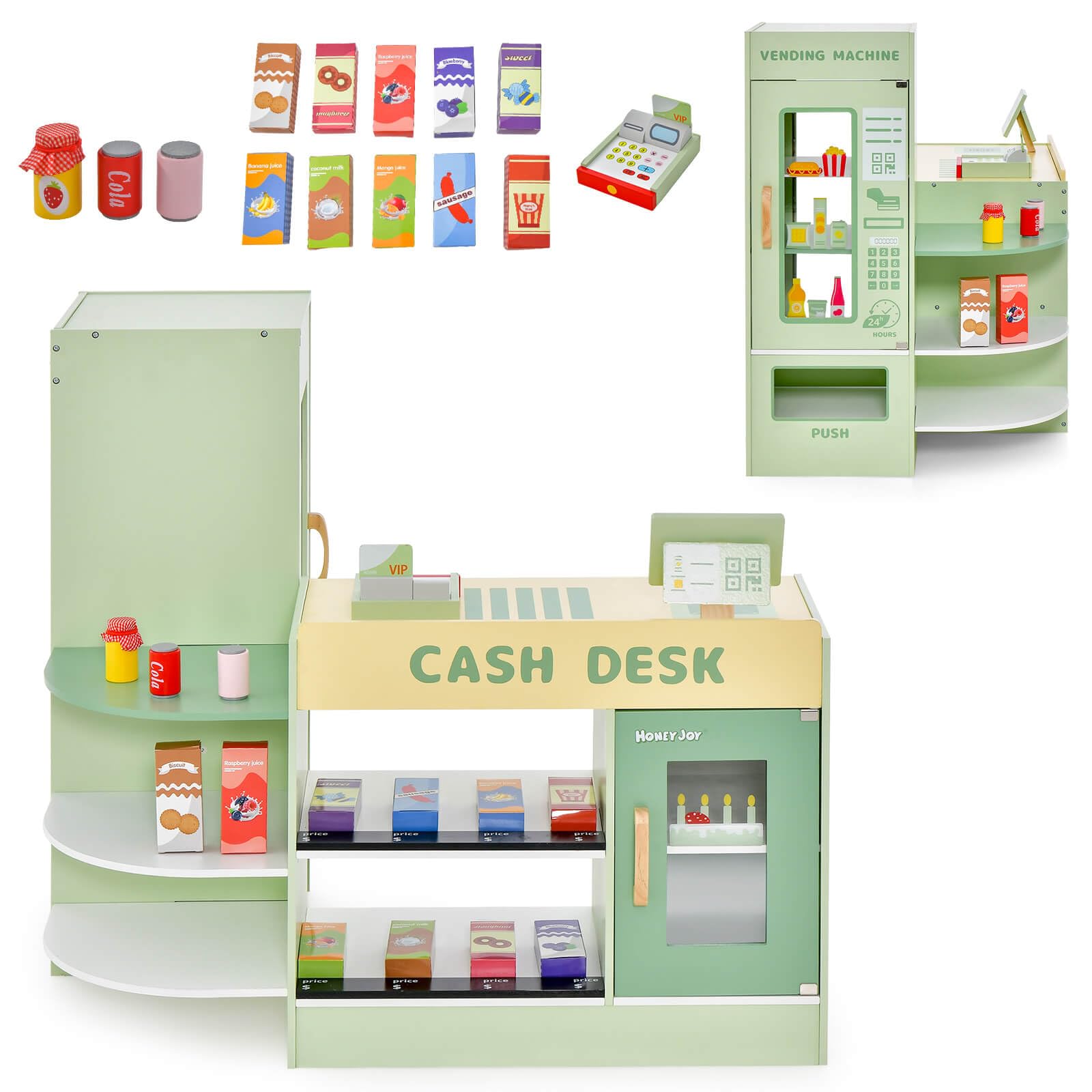 HONEY JOY Wooden Supermarket Play Toy Set, Kids Grocery Store Playset with Checkout Counter