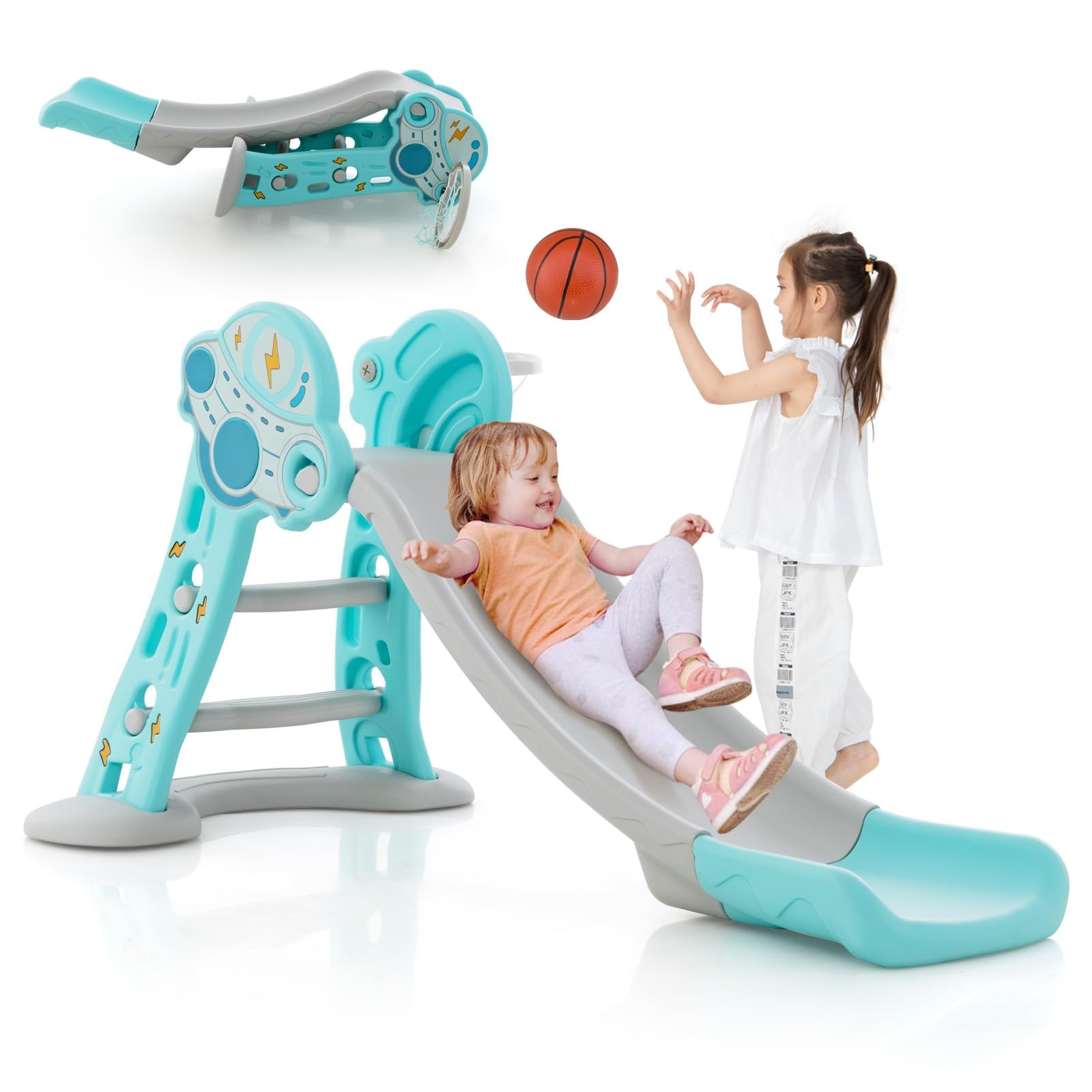 HONEY JOY 3-in-1 Indoor Slide for Kids, Folding Slide Playset with Basketball Hoop & Small Basketball