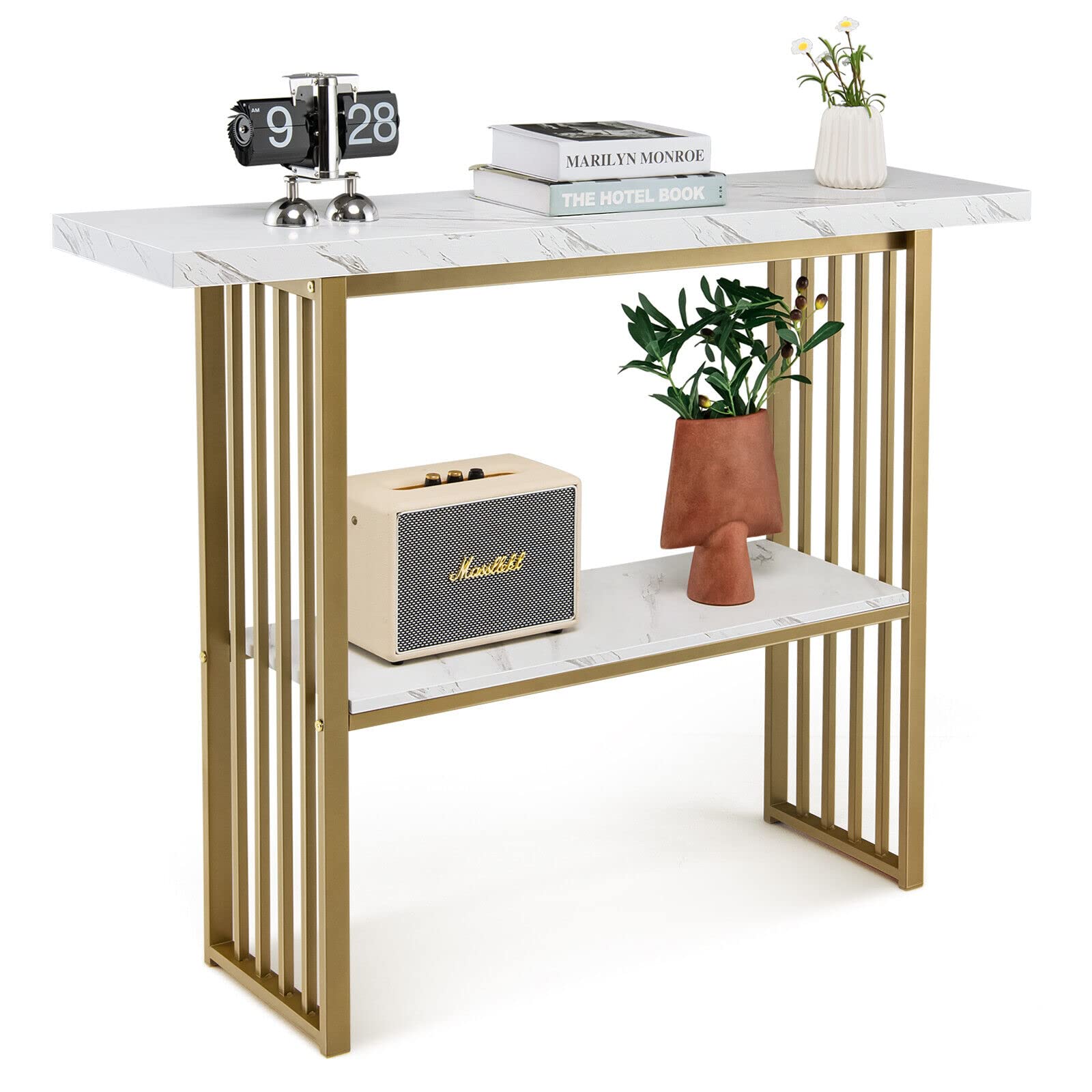 Giantex 2-Tier Console Table, White Faux Marble Sofa Table w/Open Shelf, Gold Steel Frame