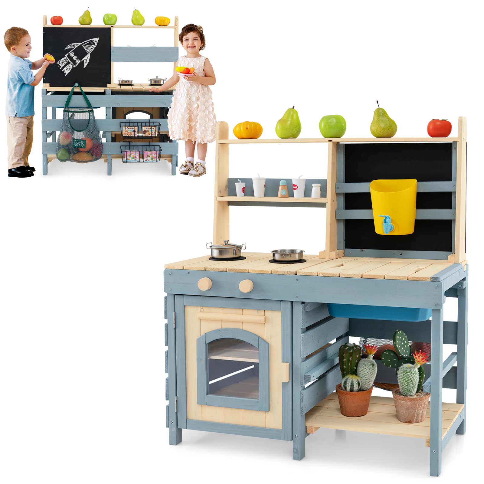 HONEY JOY 2-in-1 Outdoor Mud Kitchen, Kids Play Kitchen & Grocery Store with Faucet & Removable Sink, Metal Baskets & Storage Bag