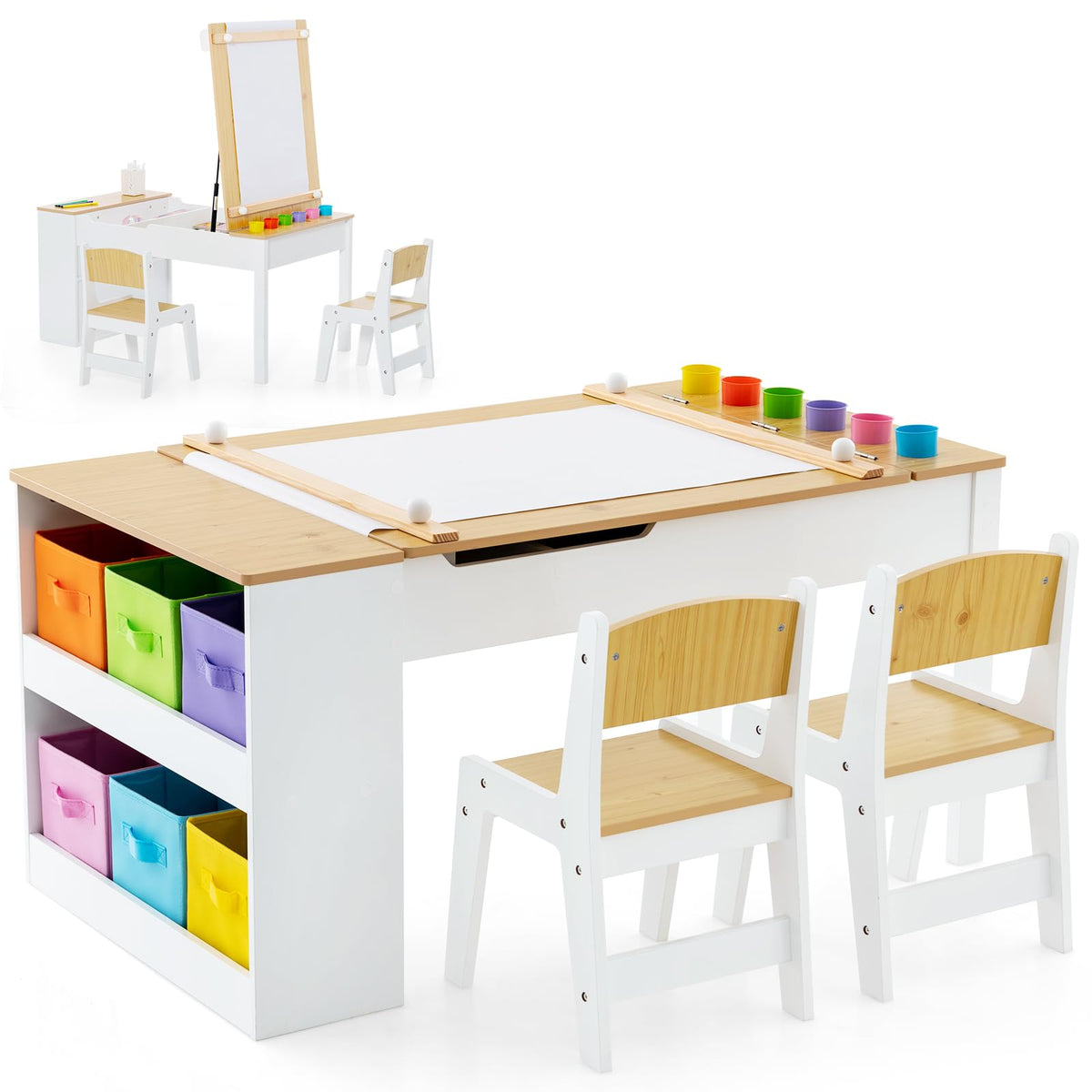 HONEY JOY Kids Table and Chairs Set, 2 in 1 Wooden Art Table & Easel Set for Children with 2 Chairs, 6 Storage Bins