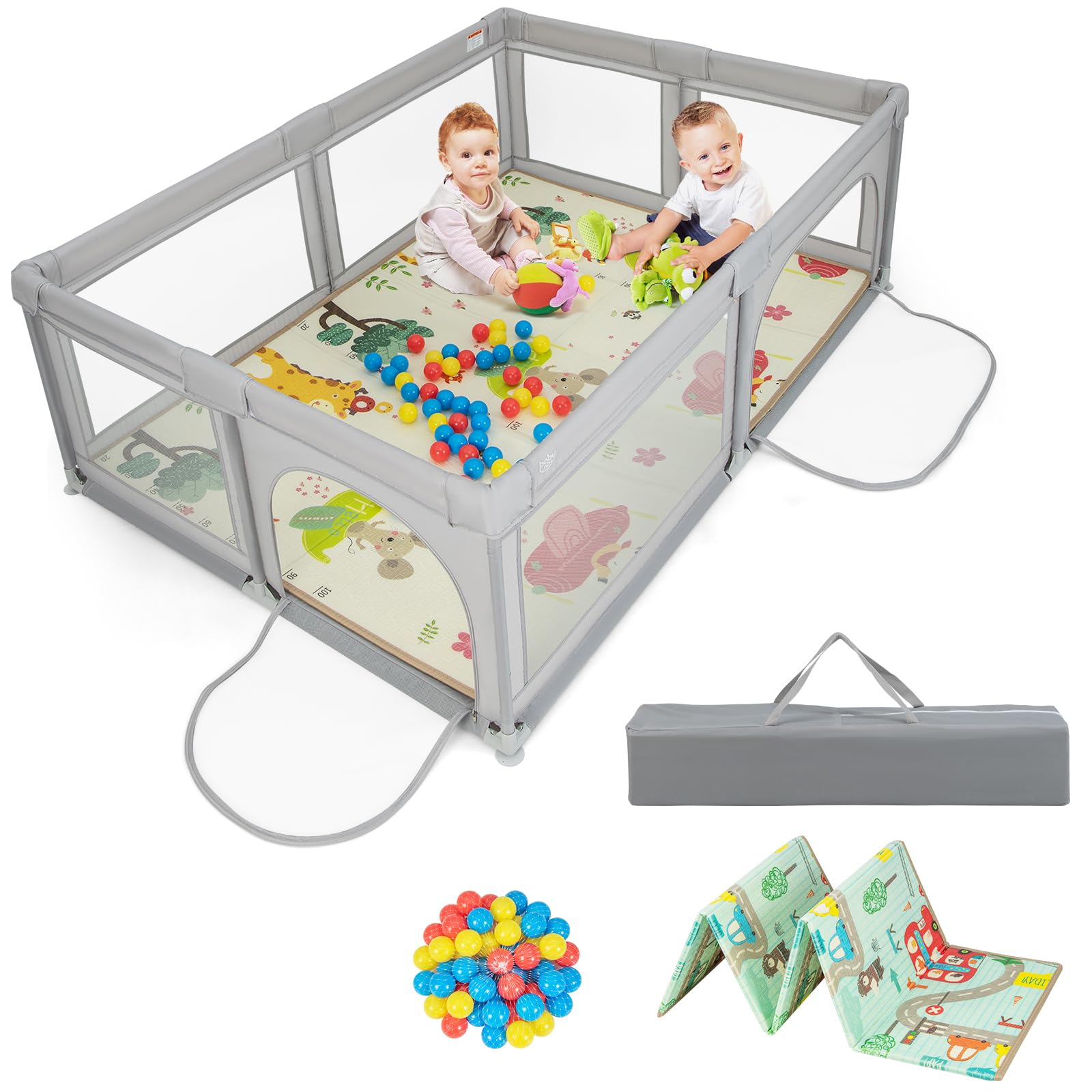 Baby Playpen, Extra-Large Play Yard with Play Mat, 50 Ocean Balls & Carrying Bag