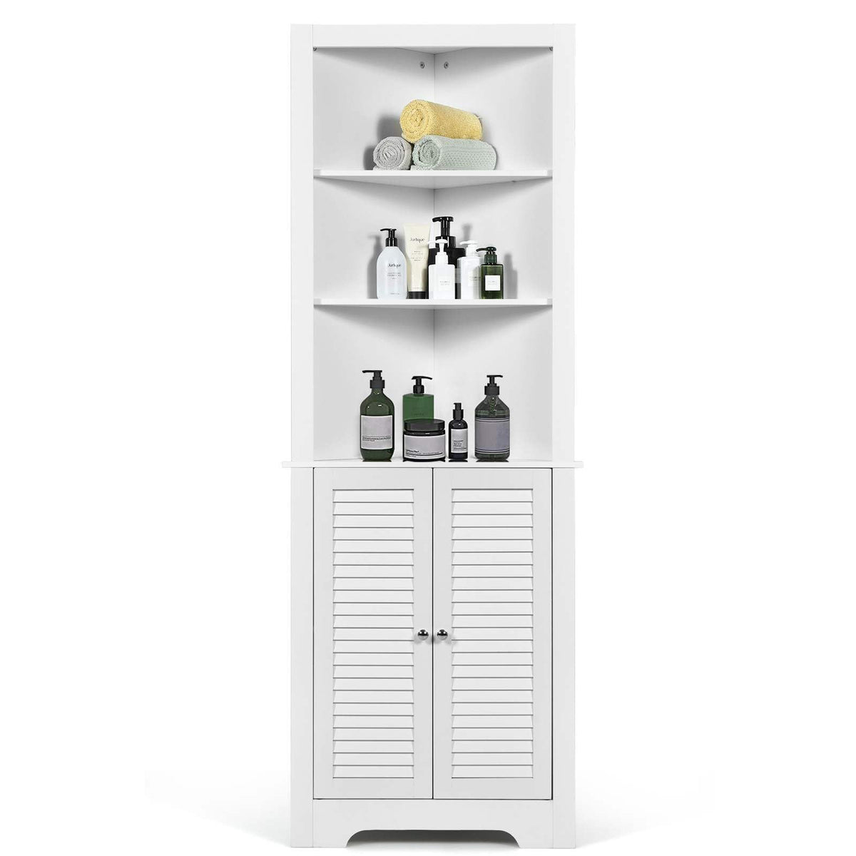Bathroom Corner Tall Storage Cabinet w/ 3 Open Shelves Storage Organizer White