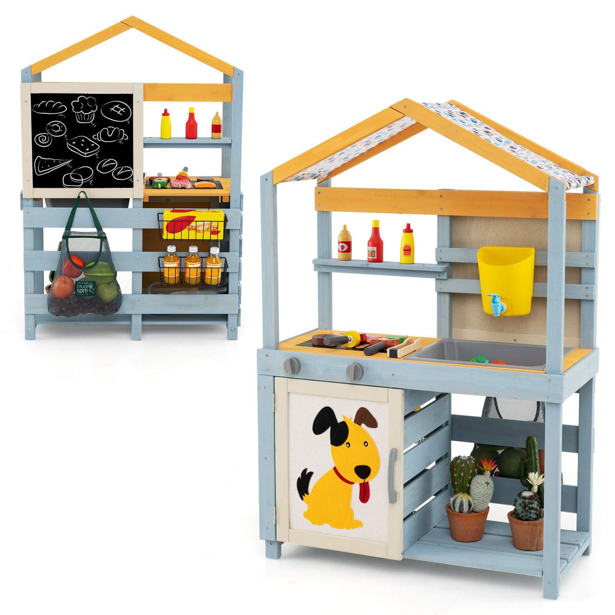 2 in 1 Wooden Mud Kitchen, Double Sided Outdoor Play Kitchen & Grocery Store w/Removable Water Box & Sink