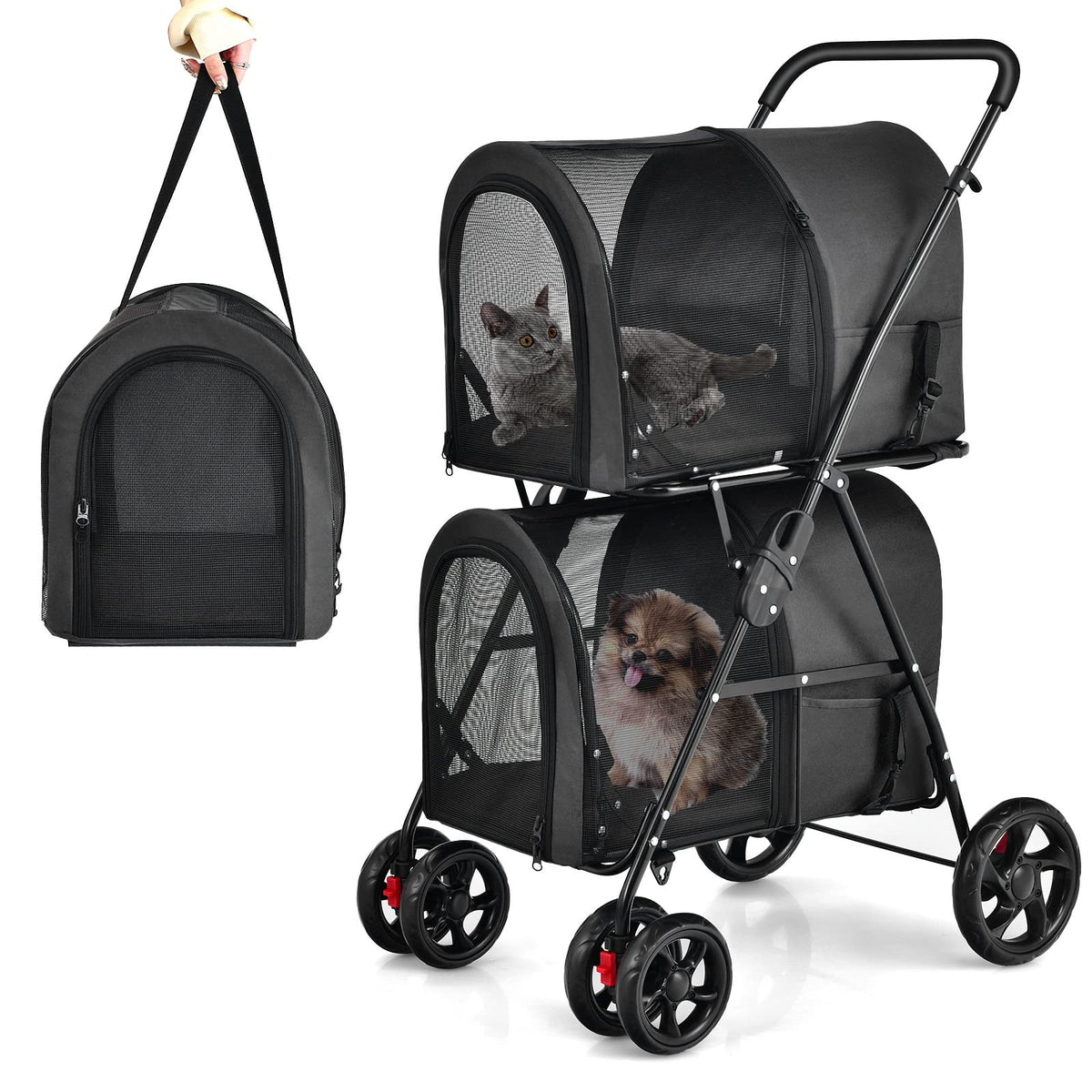 4-in-1 Double Layer Pet Stroller, Foldable Cat Dog Stroller on Wheels