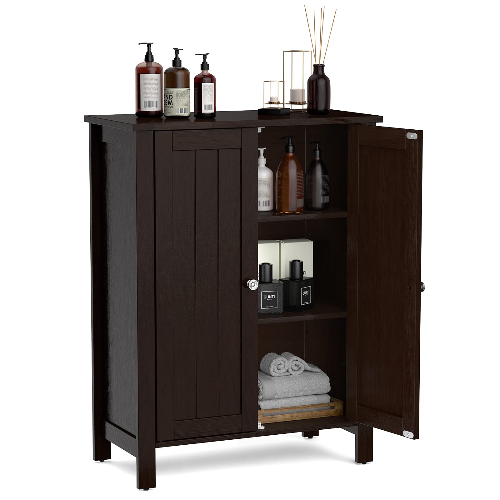 Giantex Bathroom Floor Storage Cabinet, Free Standing Storage Organizer, with Double Door, Adjustable Shelf