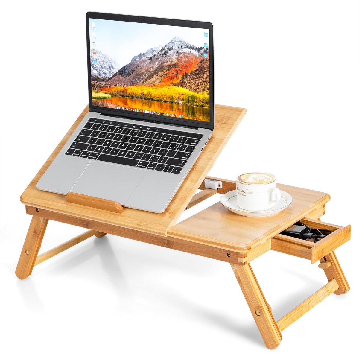 Giantex Bamboo Laptop Lap Tray w/Adjustable Legs & Tilting Heat-Dissipation Top