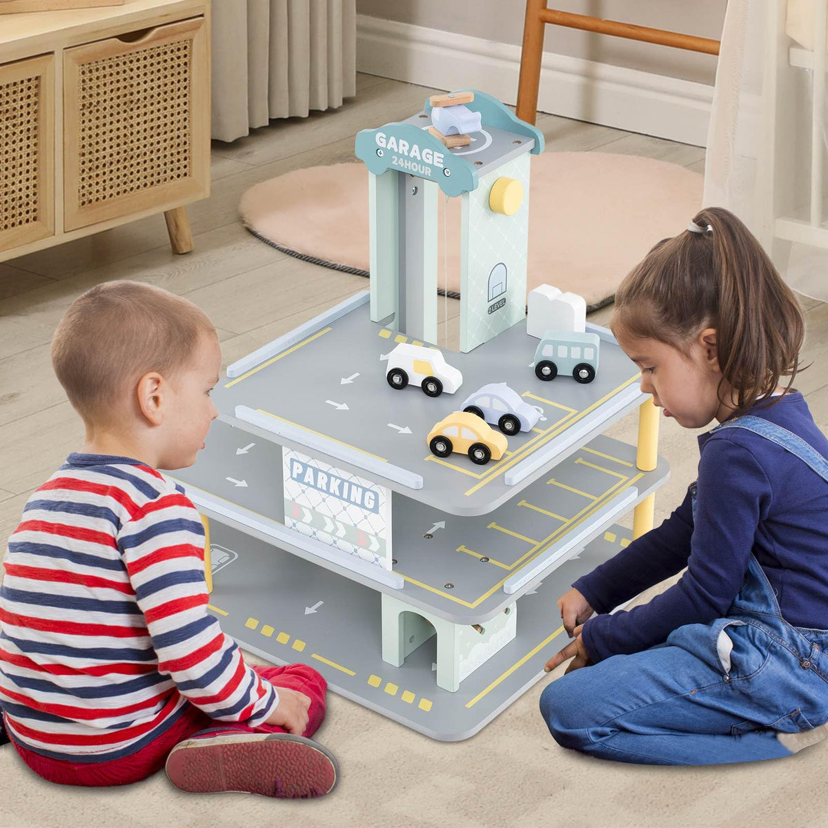 3-Tier Wooden Garage Playset, Pretend Play Parking Lot w/Working Elevator, Helipad, Ramp, Car Wash Center, Charging & Gas Station