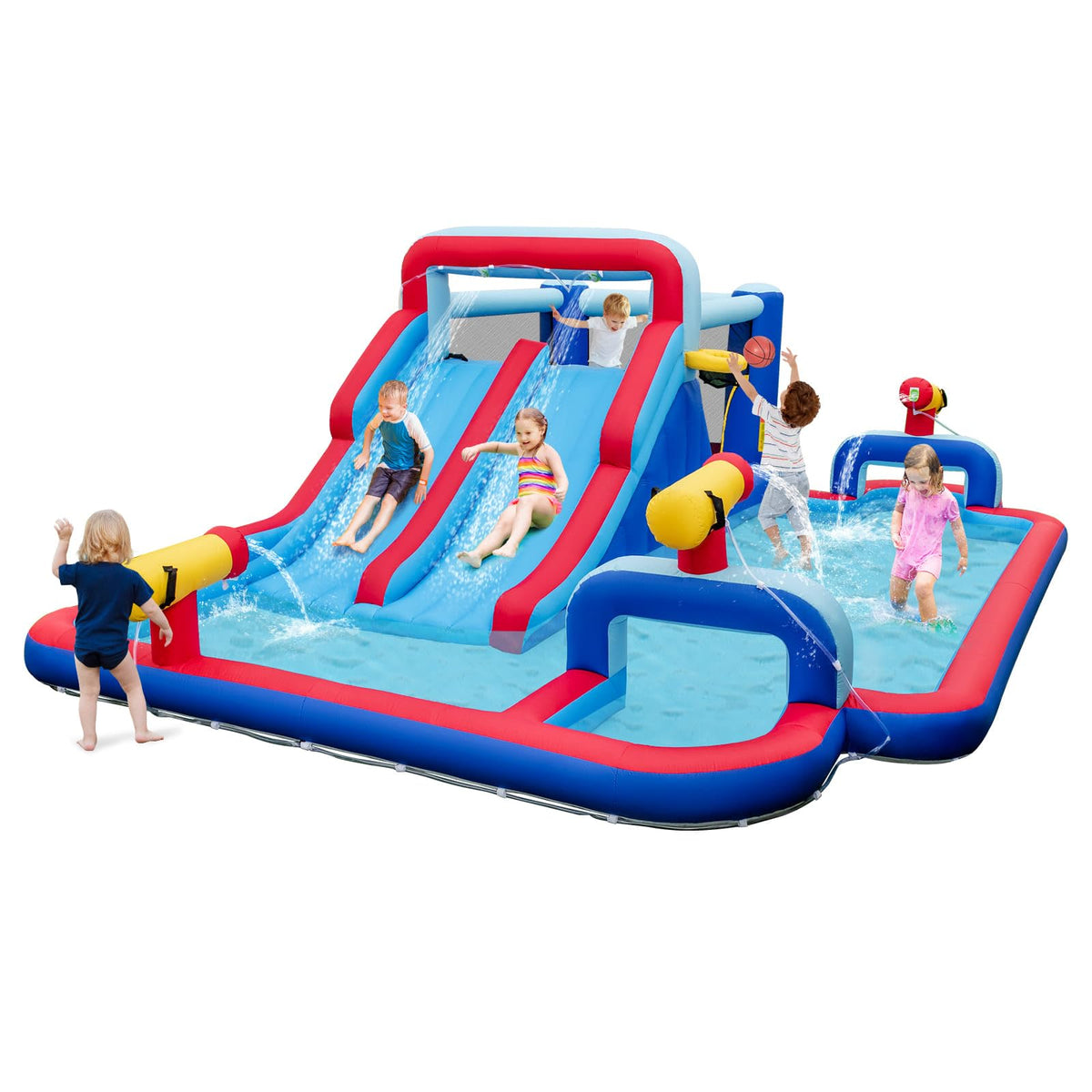 Water Slide Park, 5-in-1 Inflatable Jumping House w/Dual Slides, Climbing Wall (without Blower)