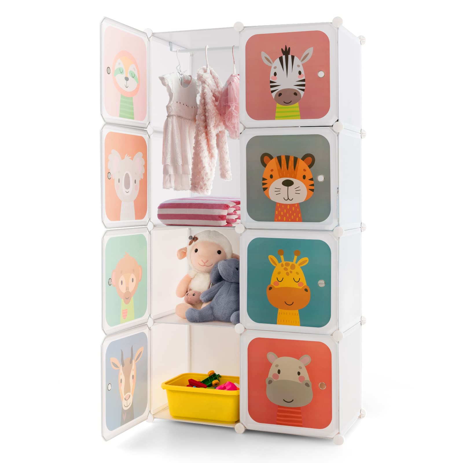 Children 8-Cube Wardrobe, Baby Dresser Kids Armoire w/Doors, Cute Cartoon Animal Patterns