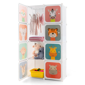 Children 8-Cube Wardrobe, Baby Dresser Kids Armoire w/Doors, Cute Cartoon Animal Patterns