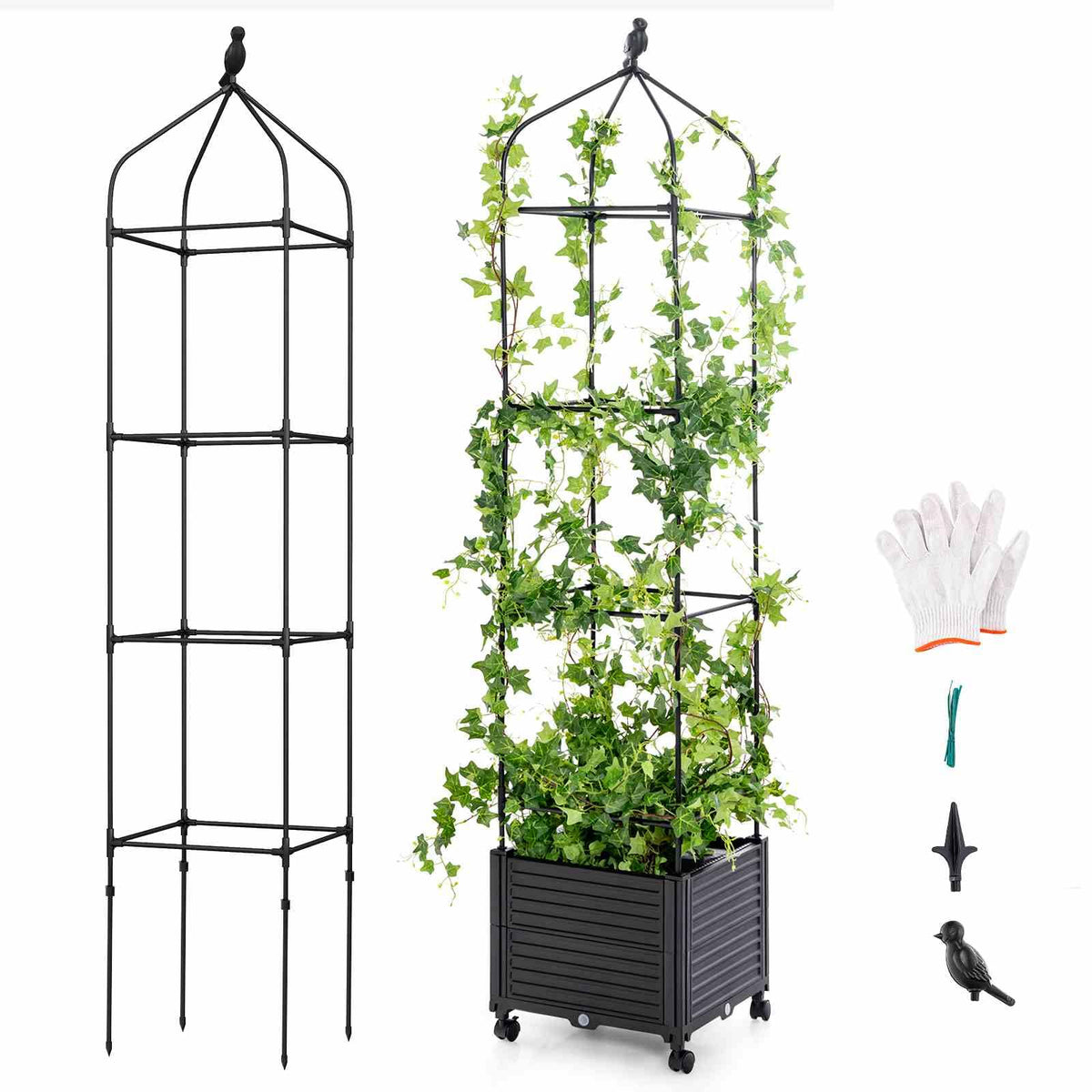 Raised Garden Bed with Trellis, Tomato Cage Planter Box with Self-Drainage & Wheels for Climbing Vines