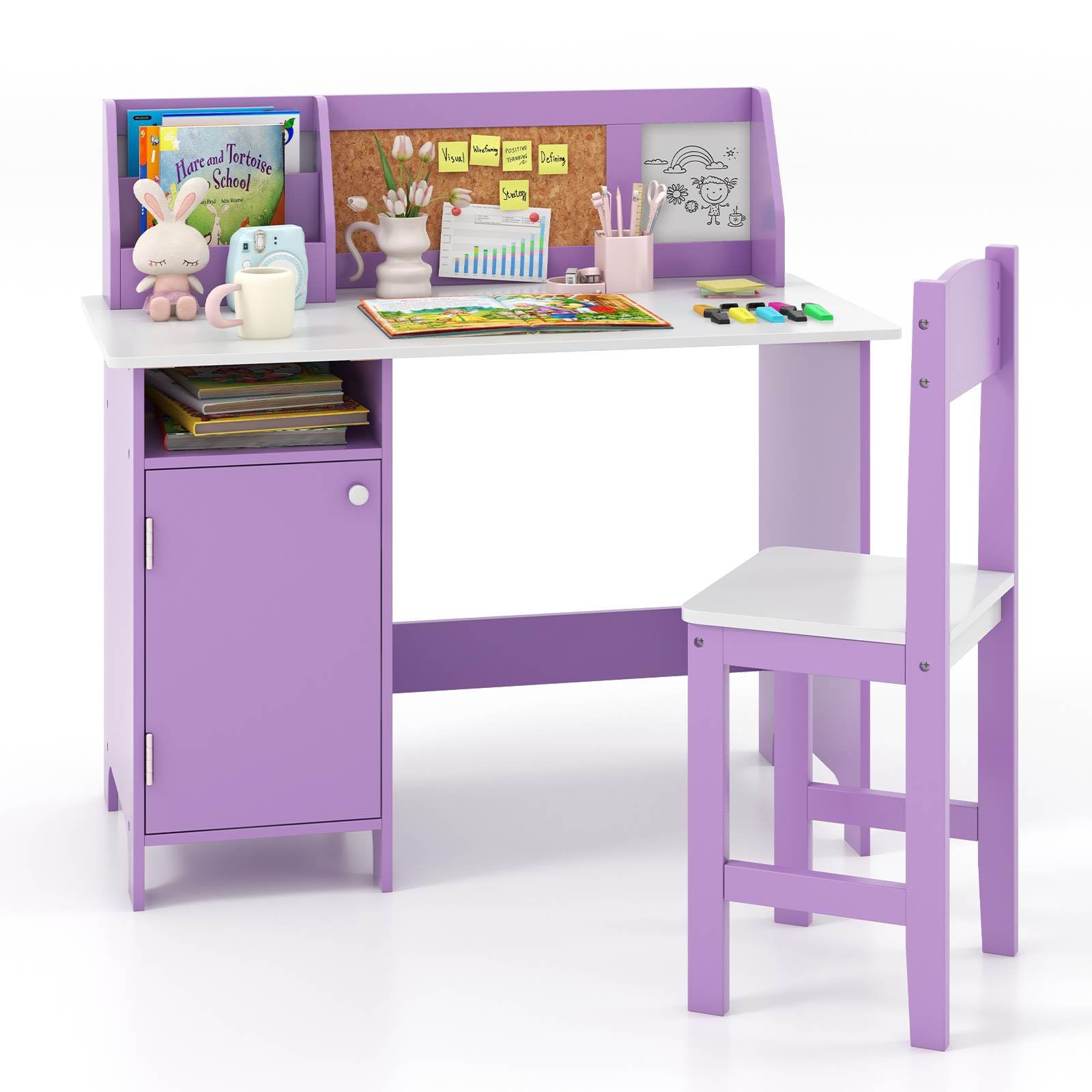 Wooden Kids Study Table and Chair Set with Hutch Bookshelf and Cabinet