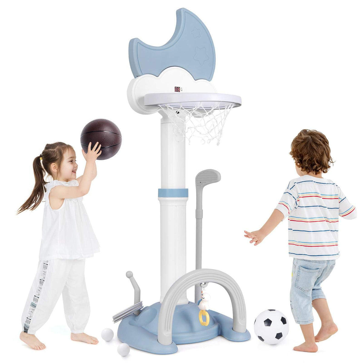 4-In-1 Kids Basketball Hoop, Adjustable Height Kids Sports Center w/Moon-shaped Electronic Scoreboard Ring Toss