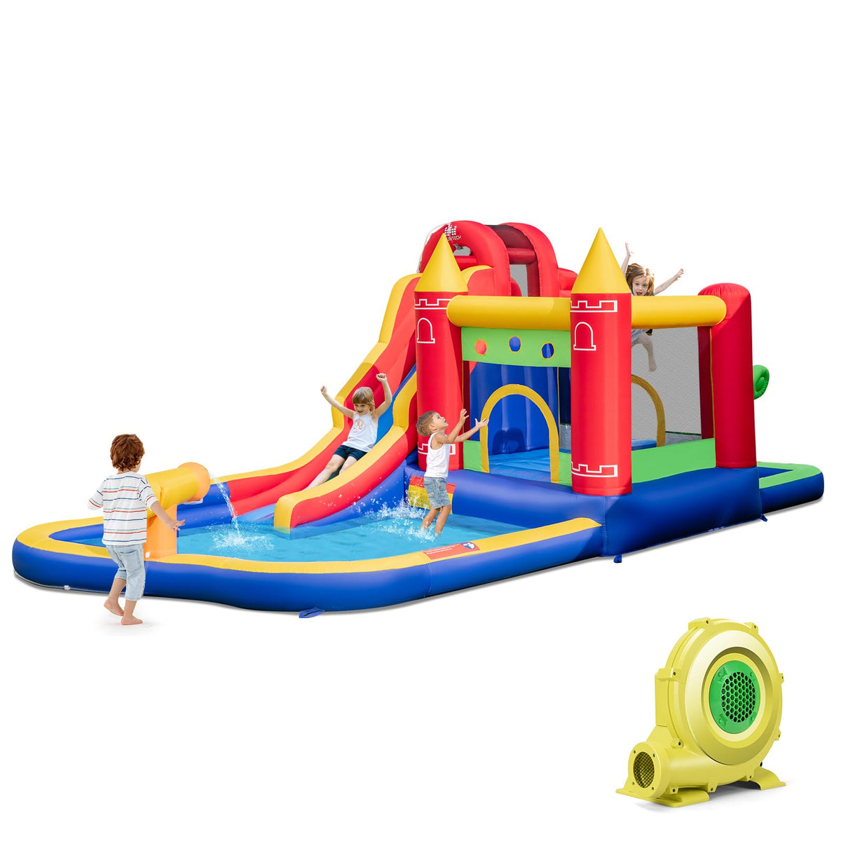 HONEY JOY Inflatable Water Slide, Outdoor Water Park Bouncy House with Ring-tossing with 680W Blower