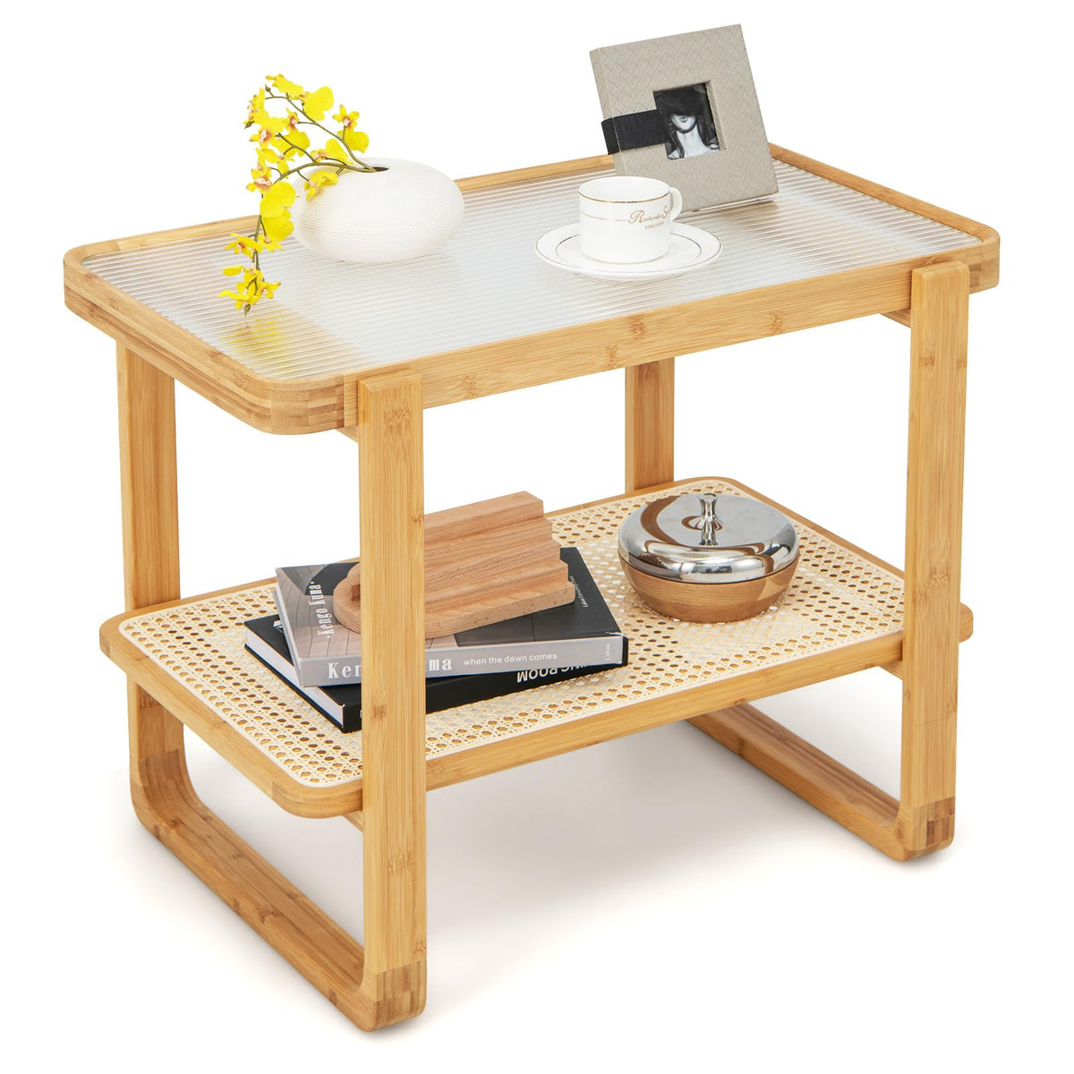 Giantex 2-Tier Bamboo Side Table w/Glass Top, End Table