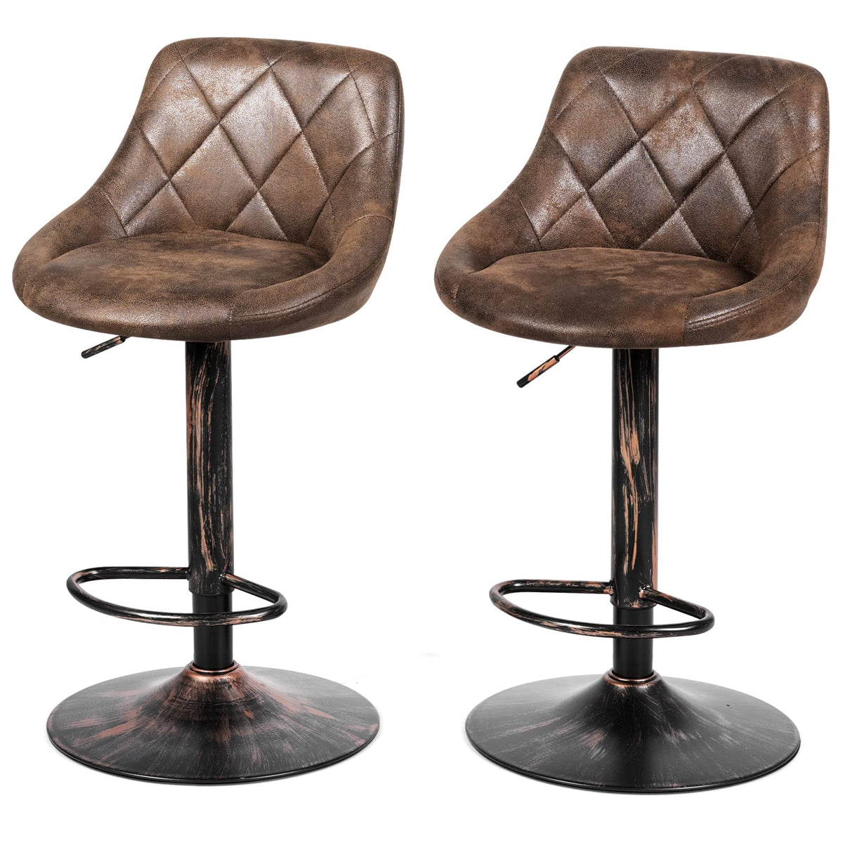 Giantex Leather Bar Stool Set of 2, Height Adjustable Counter Stool w/ Backrest & Footrest, Retro Brown
