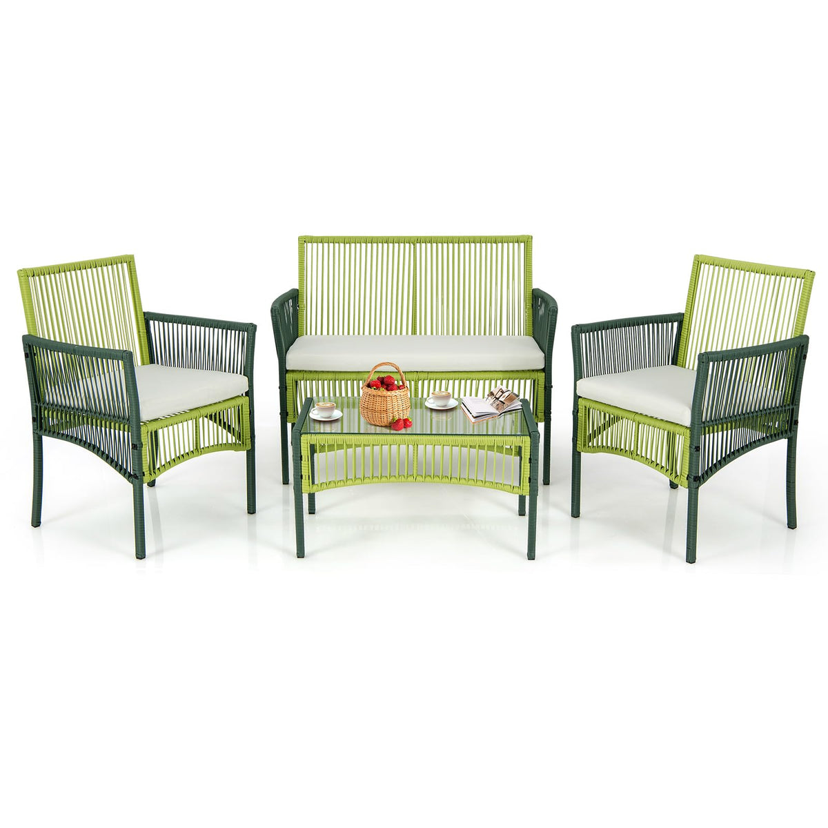 4 Piece Patio Round Wicker Conversation Set W/Soft Cushions