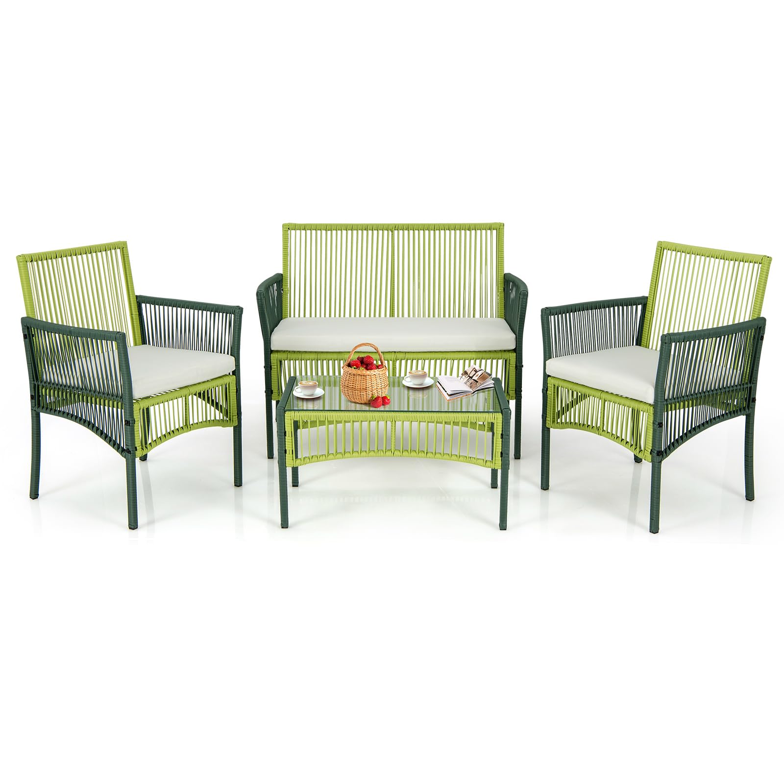 4 Piece Patio Round Wicker Conversation Set W/Soft Cushions