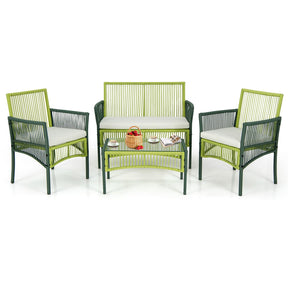 4 Piece Patio Round Wicker Conversation Set W/Soft Cushions