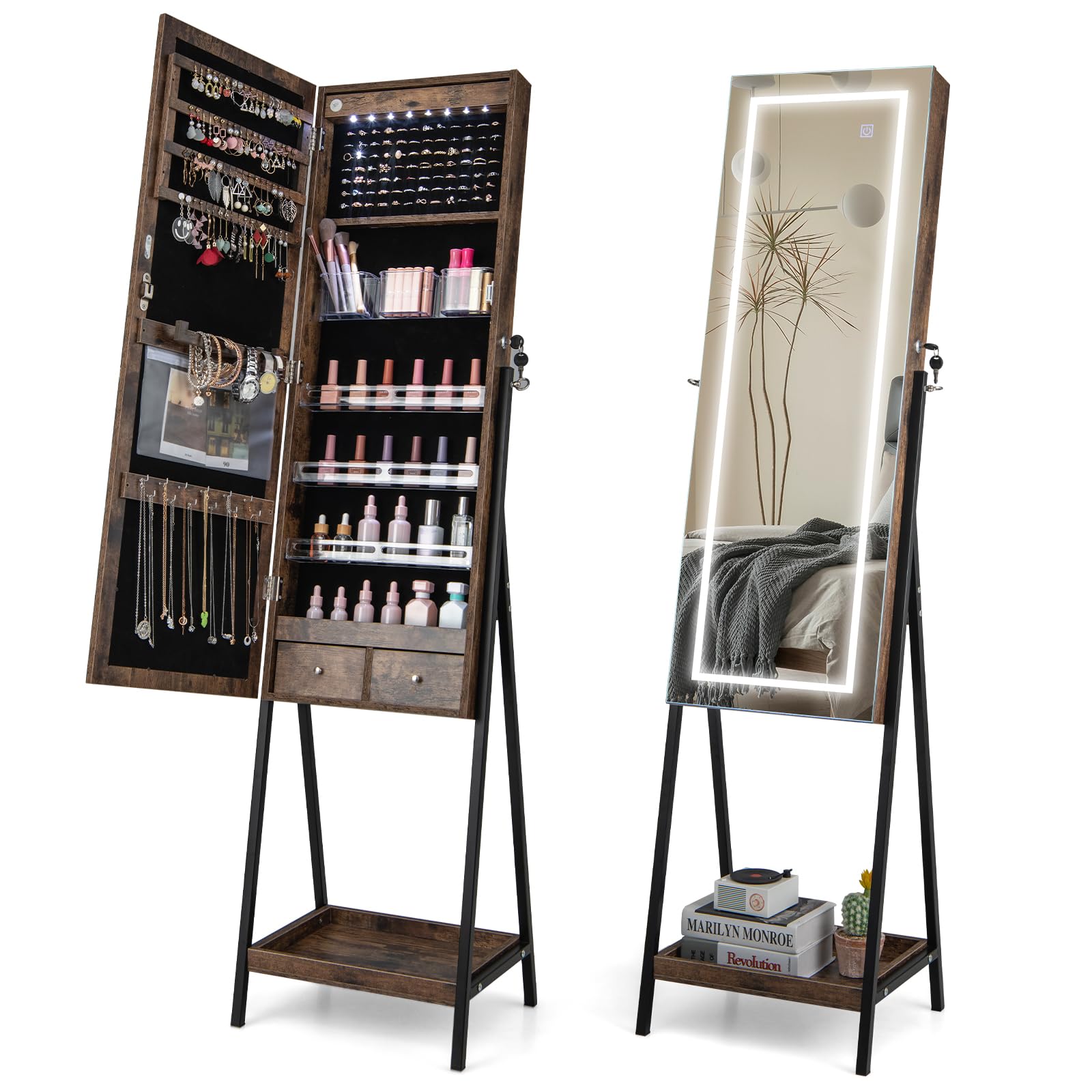 Giantex LED Standing Jewelry Mirror Cabinet, 160cm Lockable Jewelry Armoire Organizer with 3-Color Lighted Full-Length Mirror